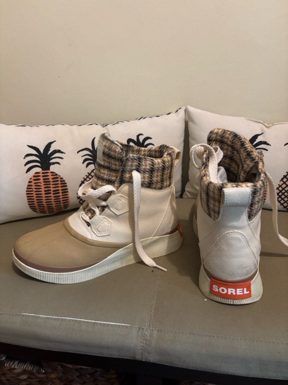 Sorel Women’s Cream and Tan Plaid-Cuffed Snow Boot